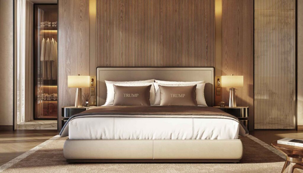 Spacious living room with floor-to-ceiling windows overlooking Dubai skyline