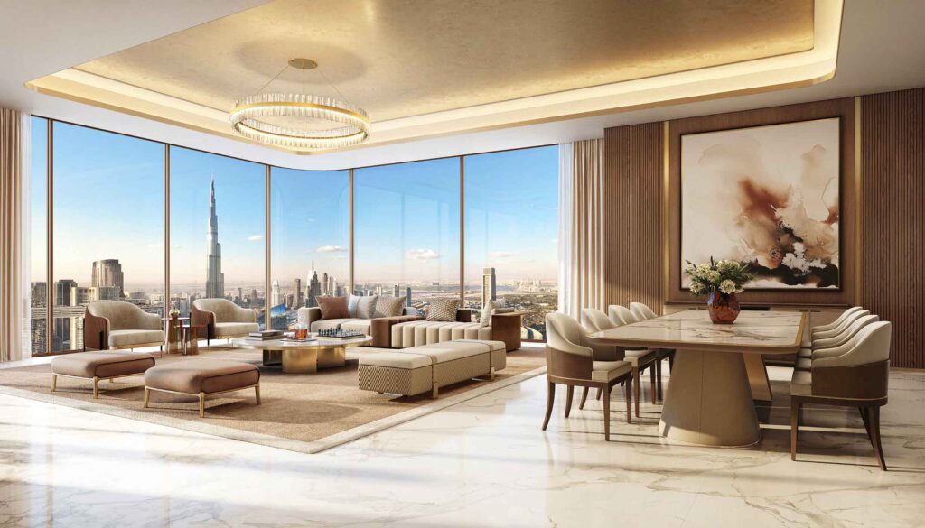 Spacious living room with floor-to-ceiling windows overlooking Dubai skyline